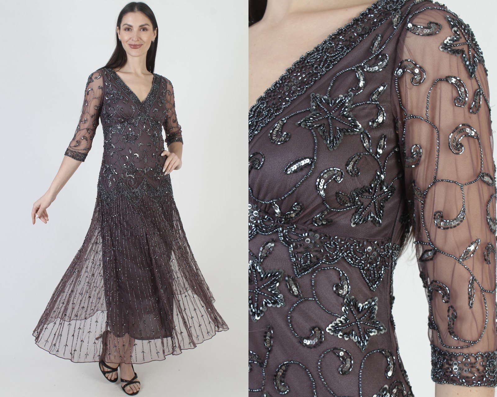 Pisarro Nights Illusion Mesh Eggplant 90s Beaded Evening Gown Size Y2K Womens 4