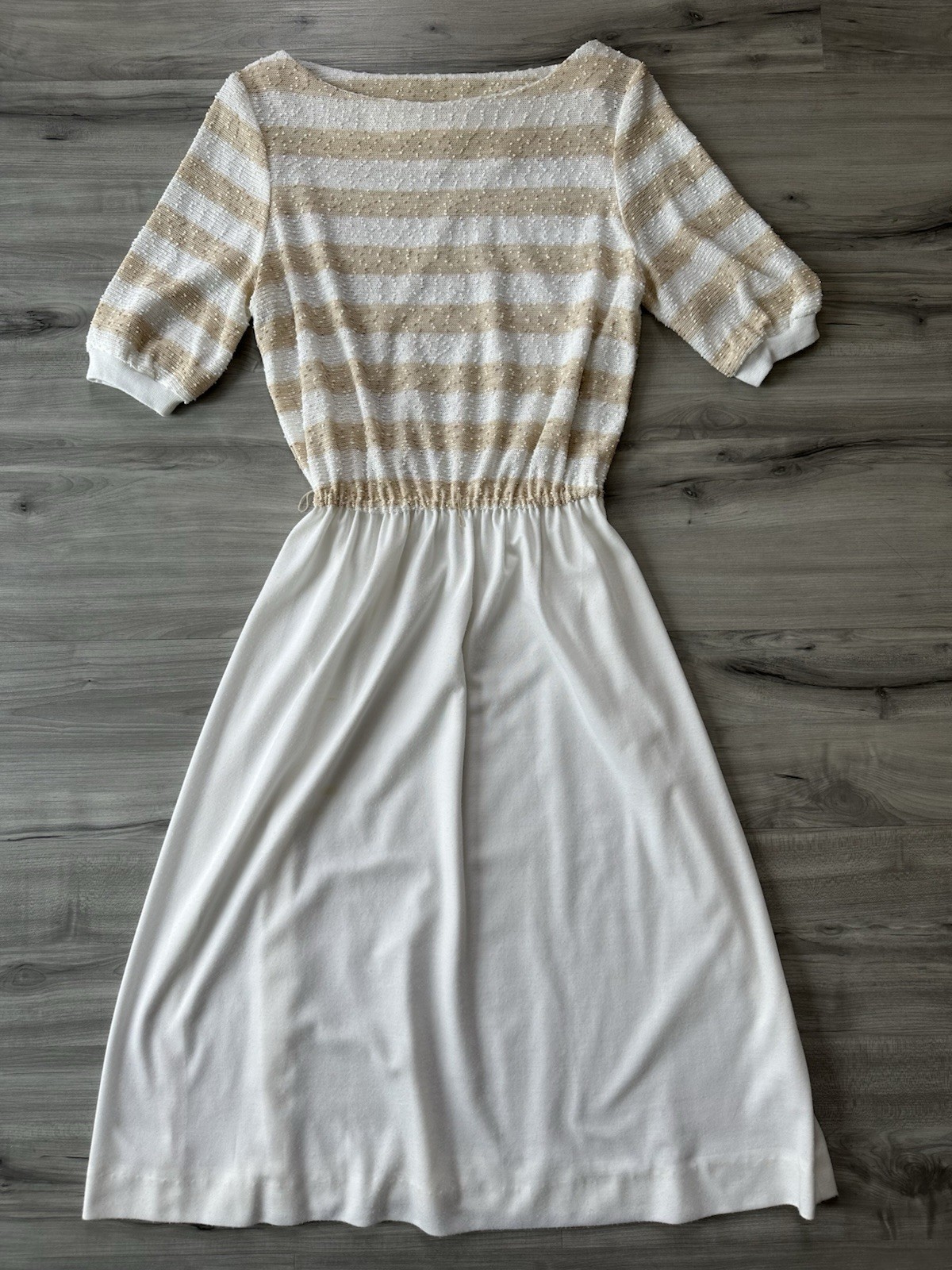 Vintage Jerell Of Texas Dress Beige Striped Terry Cloth Knit Size 13 1970s 80s