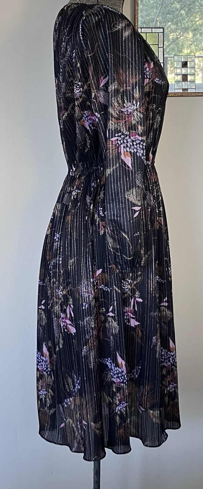 Sexy Vintage 70s Shimmery Sheet Black Dress With Metallic Braided Trim sz 8