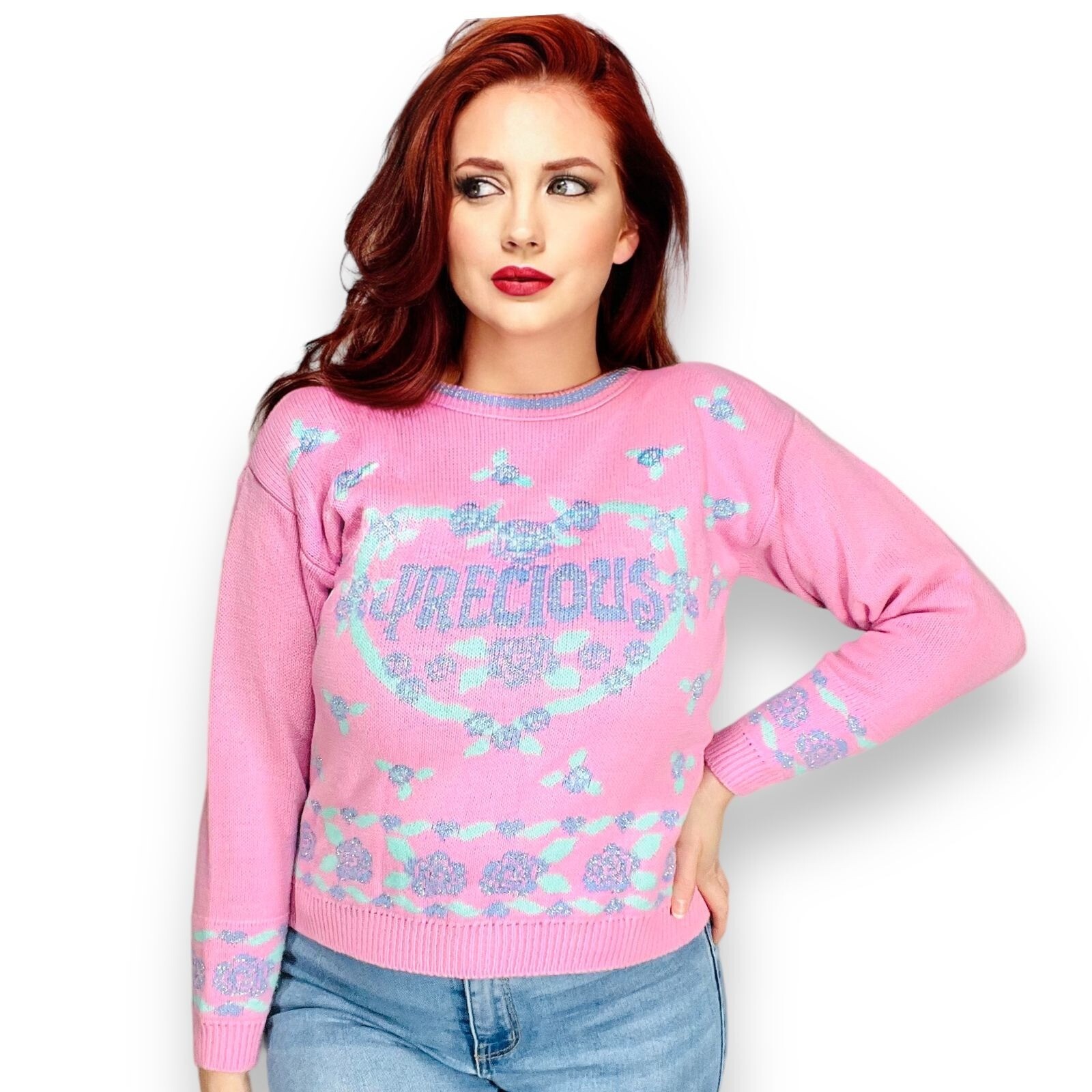 Vintage 80s Girls Pink PRECIOUS Floral Knit Sweater Top Girls 14/16 or Adult XS