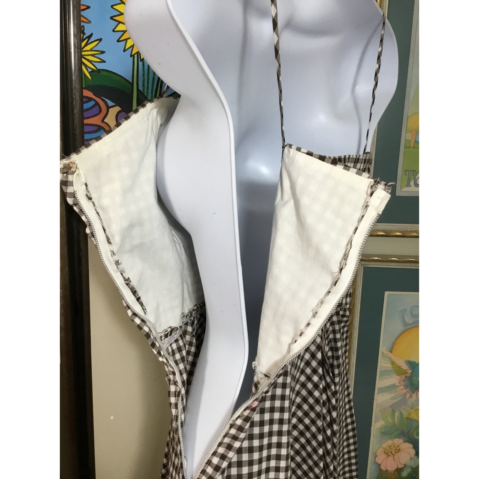 1950s Brown Gingham Sundress Vintage Cotton Check Dress with Shawl Set Small MCM