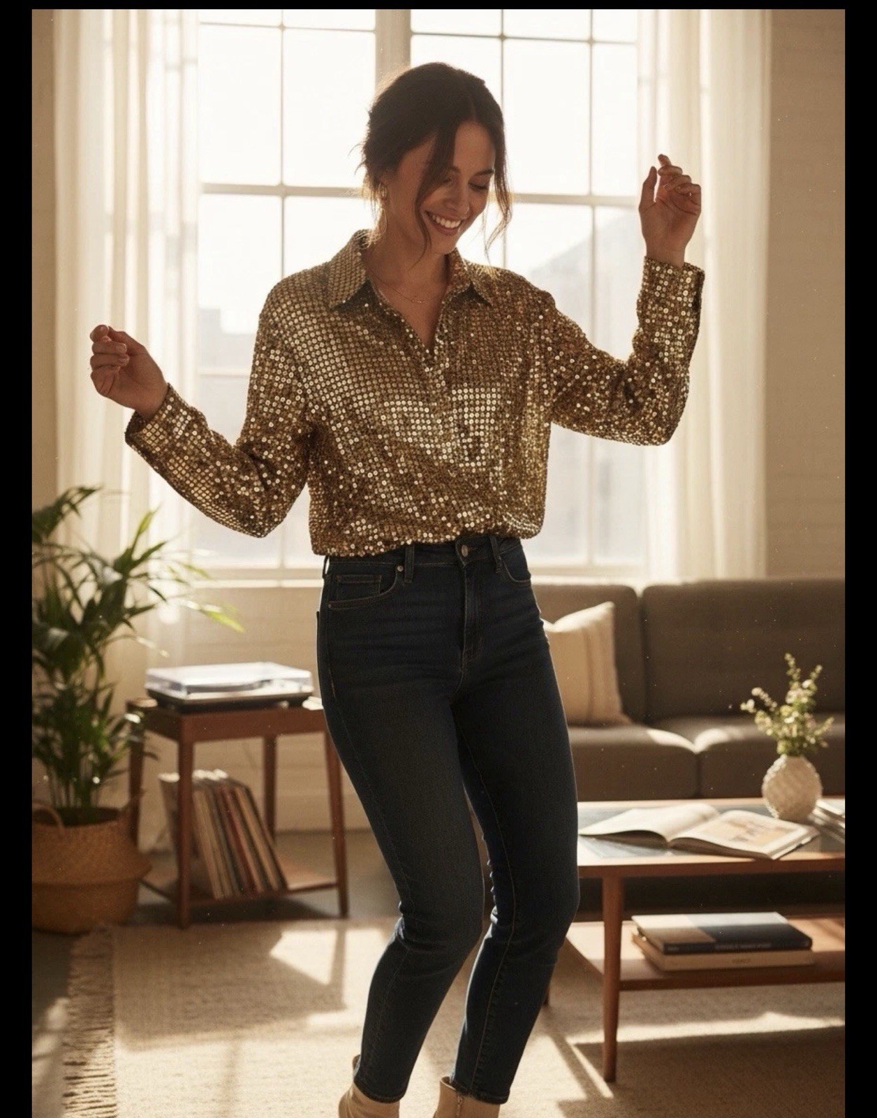 Vintage Three Flaggs I. Magnin Gold Sequin Disco Shirt Blouse 70s 80s Glam Sz M