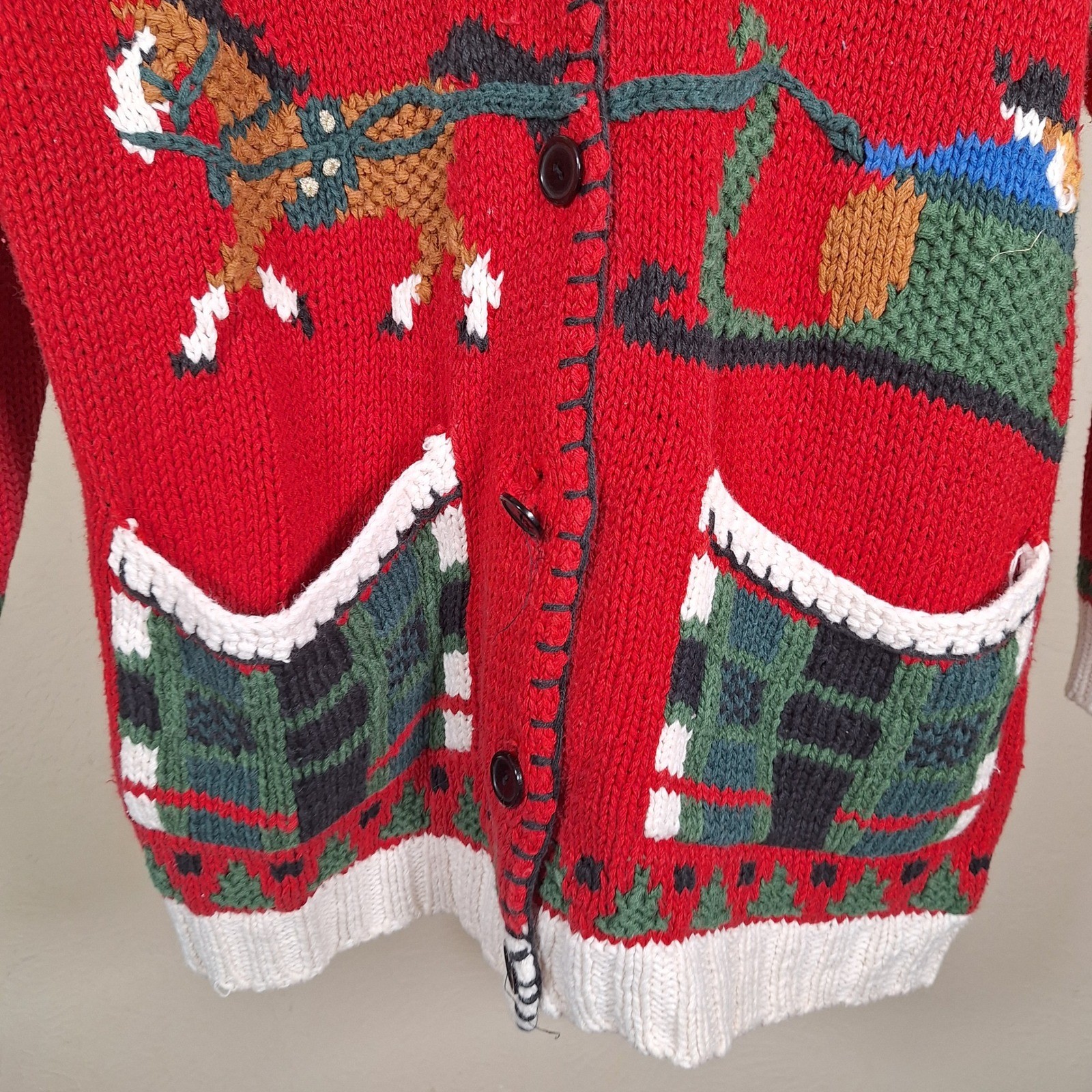 Cullinane Vintage Hand Knit Christmas Cardigan Shawl Collar 3D Whipstitch L