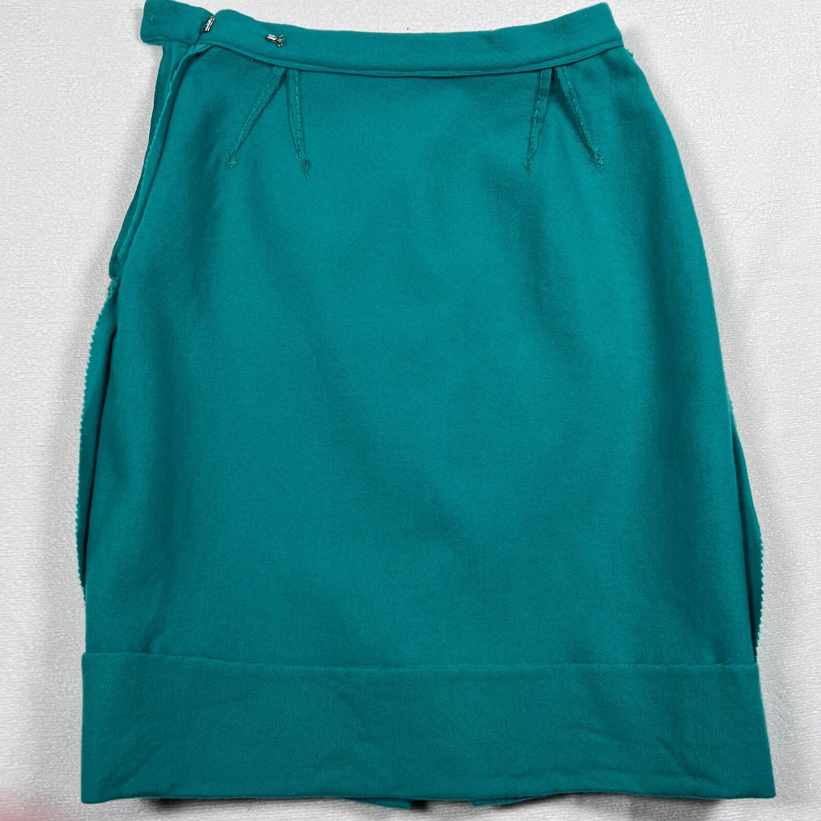 Vintage 60s Lofties by Lawrence Teal Leaf Embroidered Wool Skirt 24″ Waist