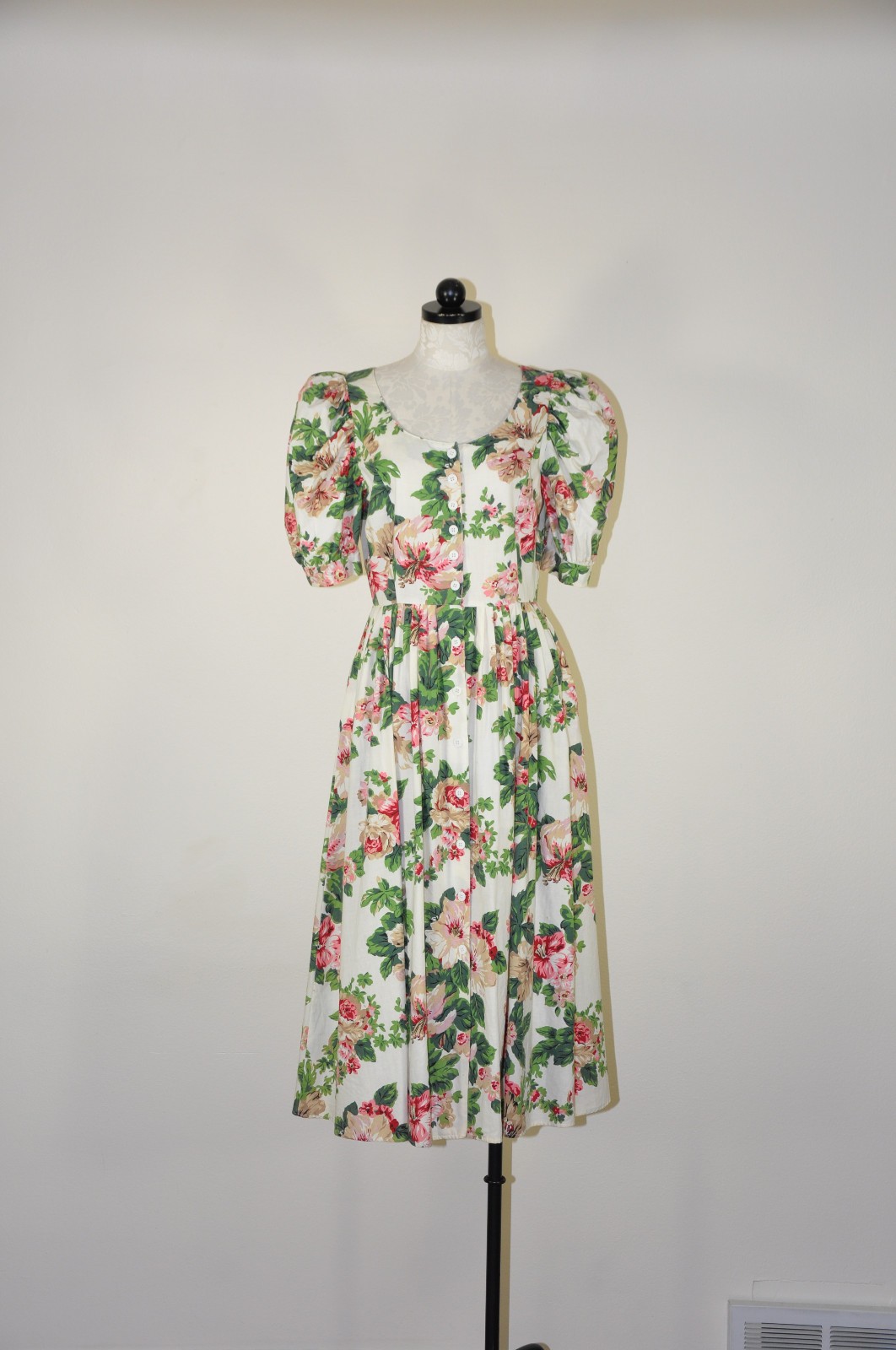 80s Vintage Pink Green Hibiscus Floral Puff Sleeve Romantic Midi Dress Women M L