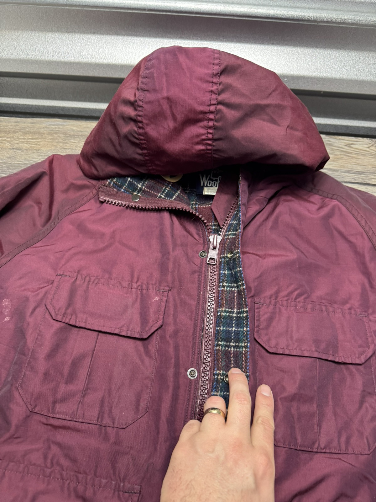 Vintage Woolrich Women’s Hooded Wool Plaid Lined Parka Coat Burgundy Made In USA
