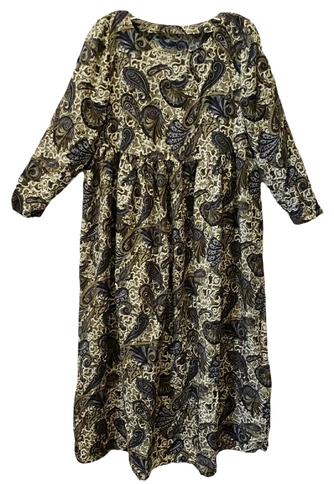 Vintage Lagenlook Maxi Dress Handmade Paisley Black Olive Tan Prairie Womens S