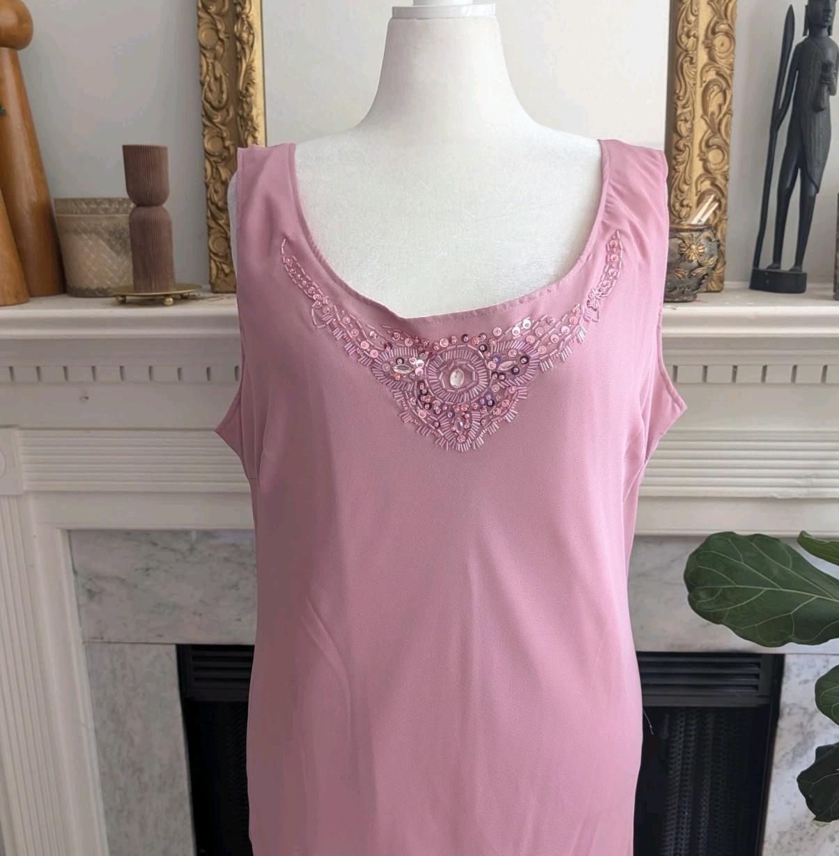 Vintage 90s Y2K Dusty Pink Beaded Column Dress Size 3X Maxi Ruffle Occasion MOB