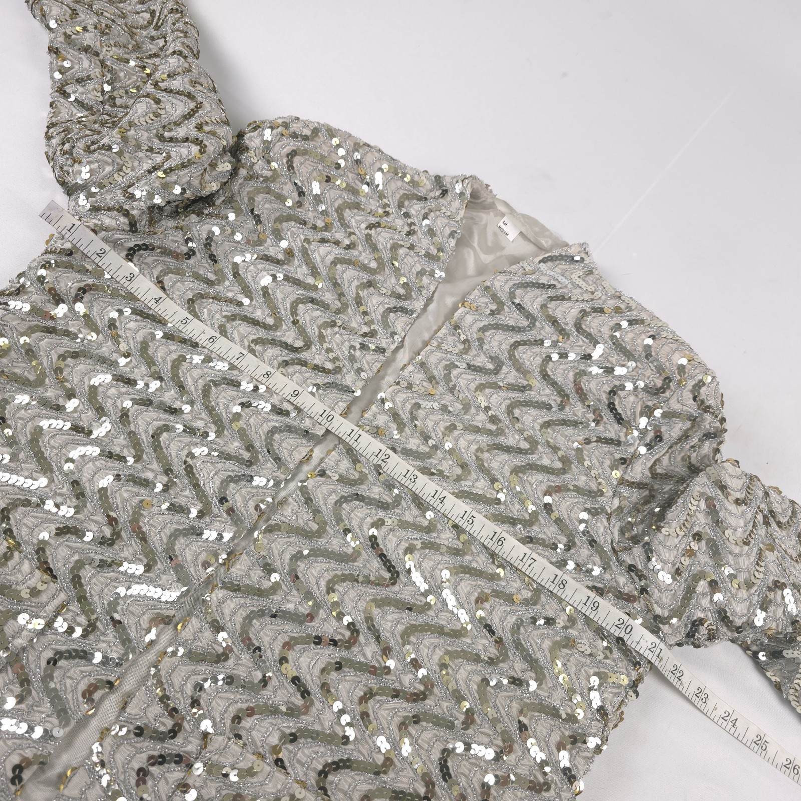 Vintage 80s Miss H MEDIUM Union Handmade Sequin Evening Jacket Open Front Silver