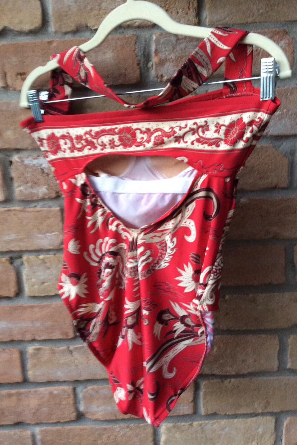 VTG Jantzen Red Multicolor Asian Print One Piece Halter Swimsuit Sz 14 Beach USA