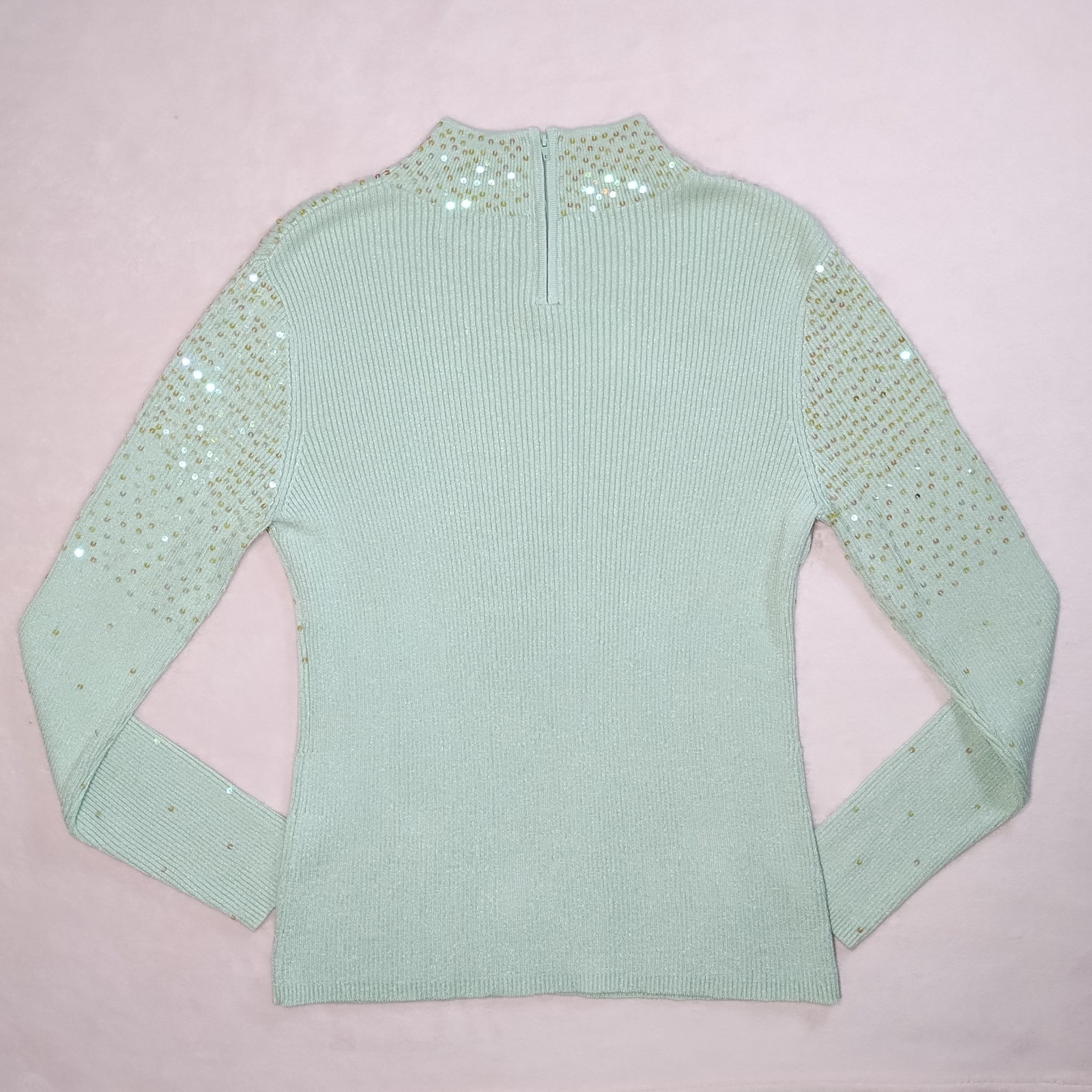 vintage 80s sequin ribbed metallic mock turtleneck sweater sz l pastel fairy
