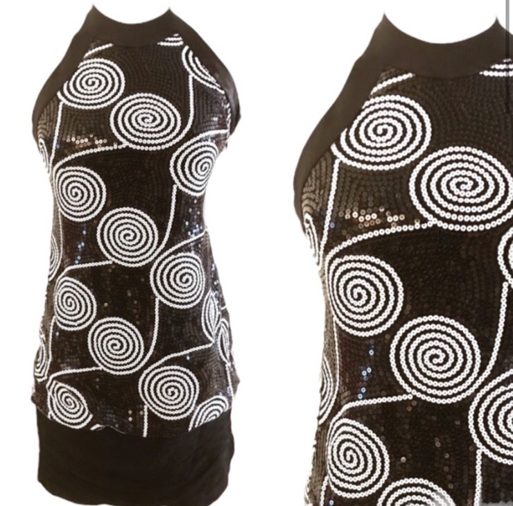 Vintage Late 1990’s Black & White Sequin Halter Dress by Cache, Prom Dress, 2