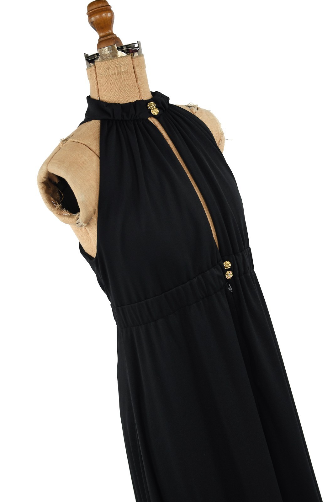 Vintage 70s Black Halter Keyhole Maxi Dress Gold Accent Buttons Disco Sleeveless