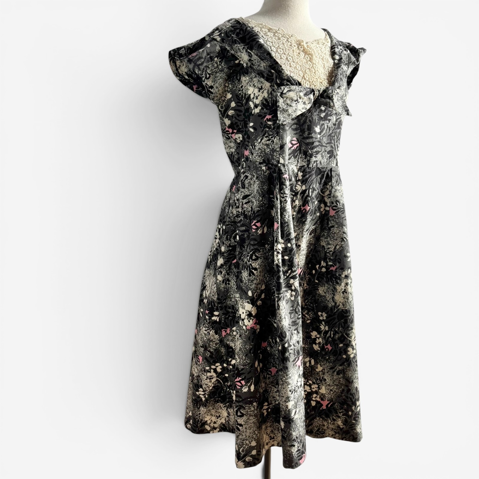 Vintage 1950s Pink Black Gray Abstract Print Fit & Flare Cotton Dress M/L