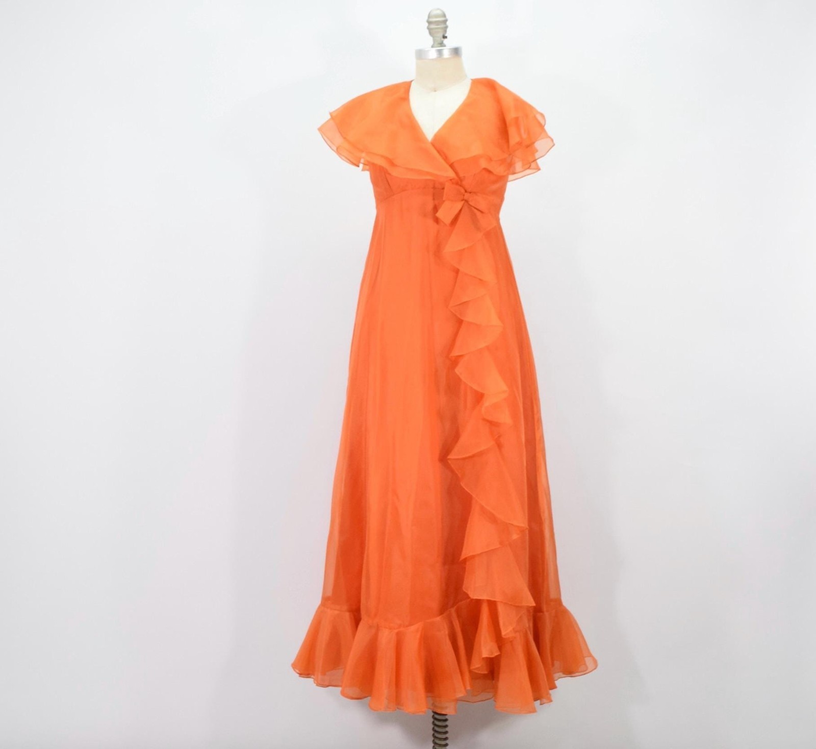 Vintage 70s Gown 2 Orange Sheer Organza Empire Waist Cape Sleeve Glam Formal