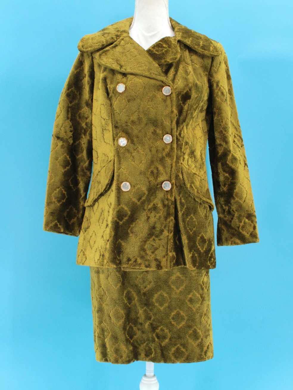 VTG Women’s 60s 2 Pc Olive Green Tapestry Fabric Jacket & Skirt Set XS/S 1960s