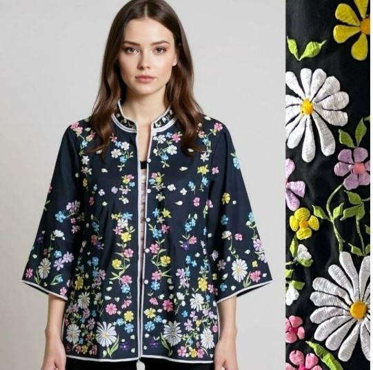 Chuchi San Diego Vintage Floral Garden Embroidered Black Jacket Size Small