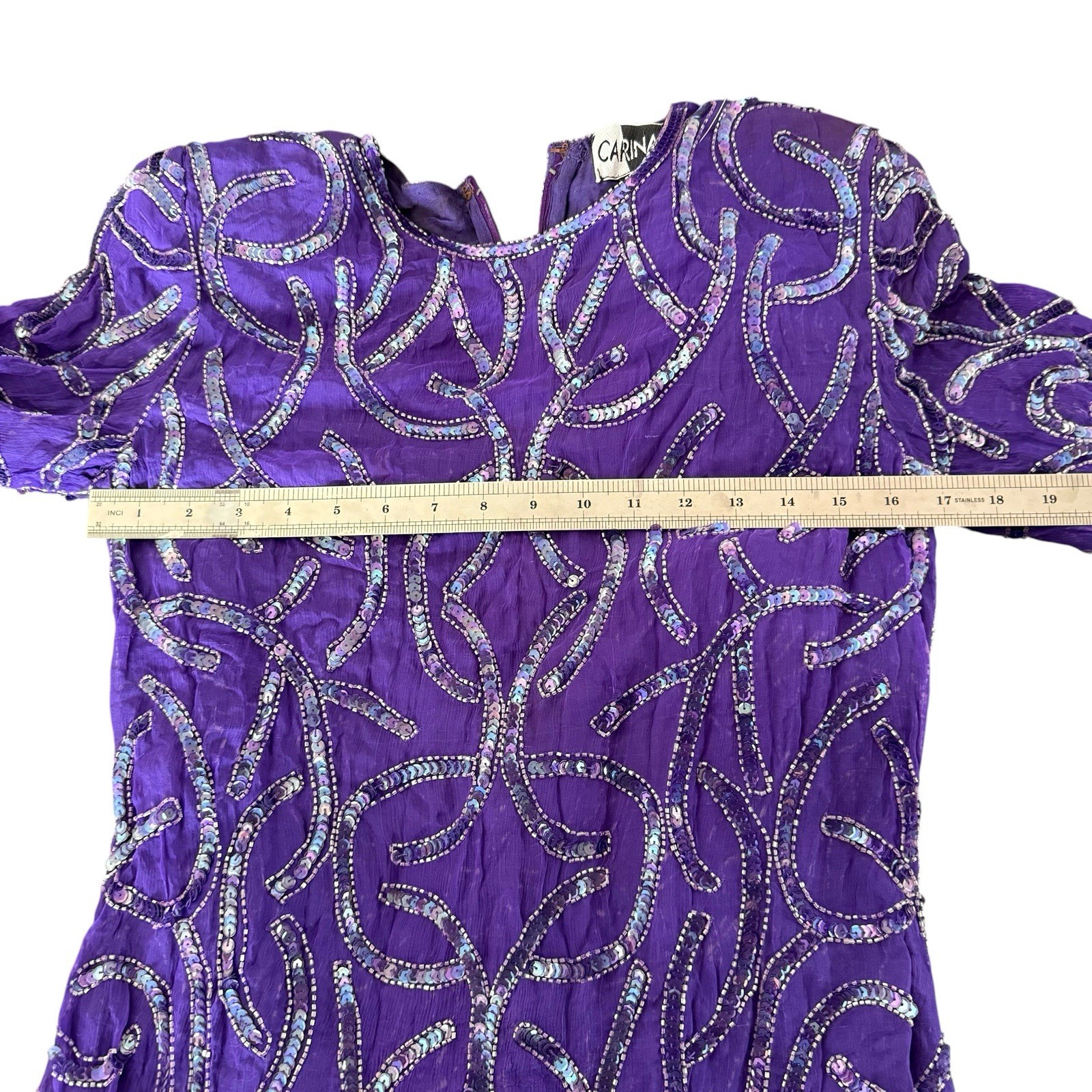 Vintage Carina Purple 100% Silk Beaded Long Sleeve Mini Dress