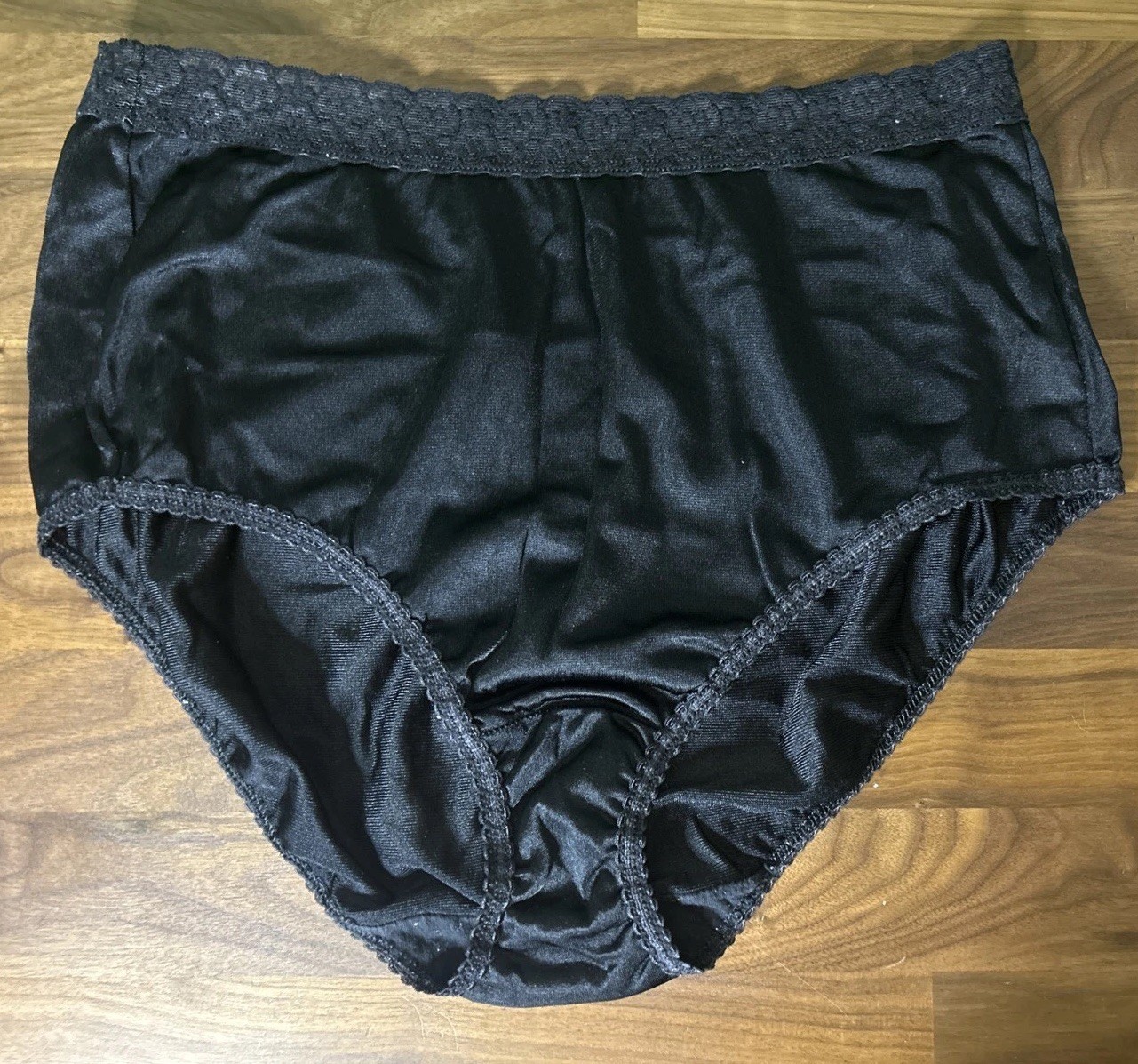 Vtg Fruit Of The Loom Panties Sz 8 Black Silky Nylon Lace Hi Cut Side Tag NOS