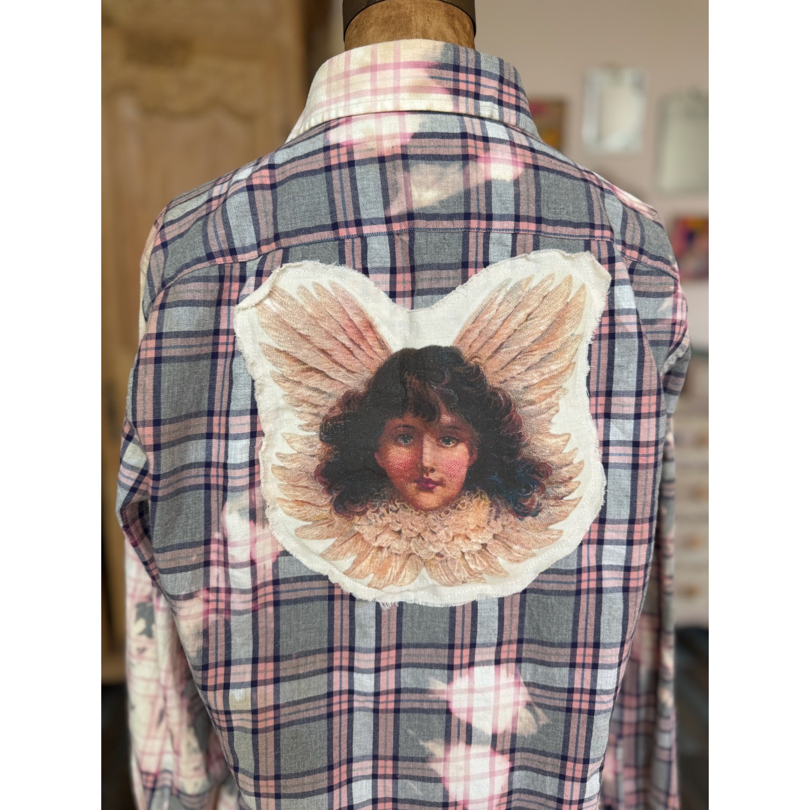 Upcycled Angel Flannel Bleach Dye Folk Art Shirt Cottagecore Boho Med. Slim fit