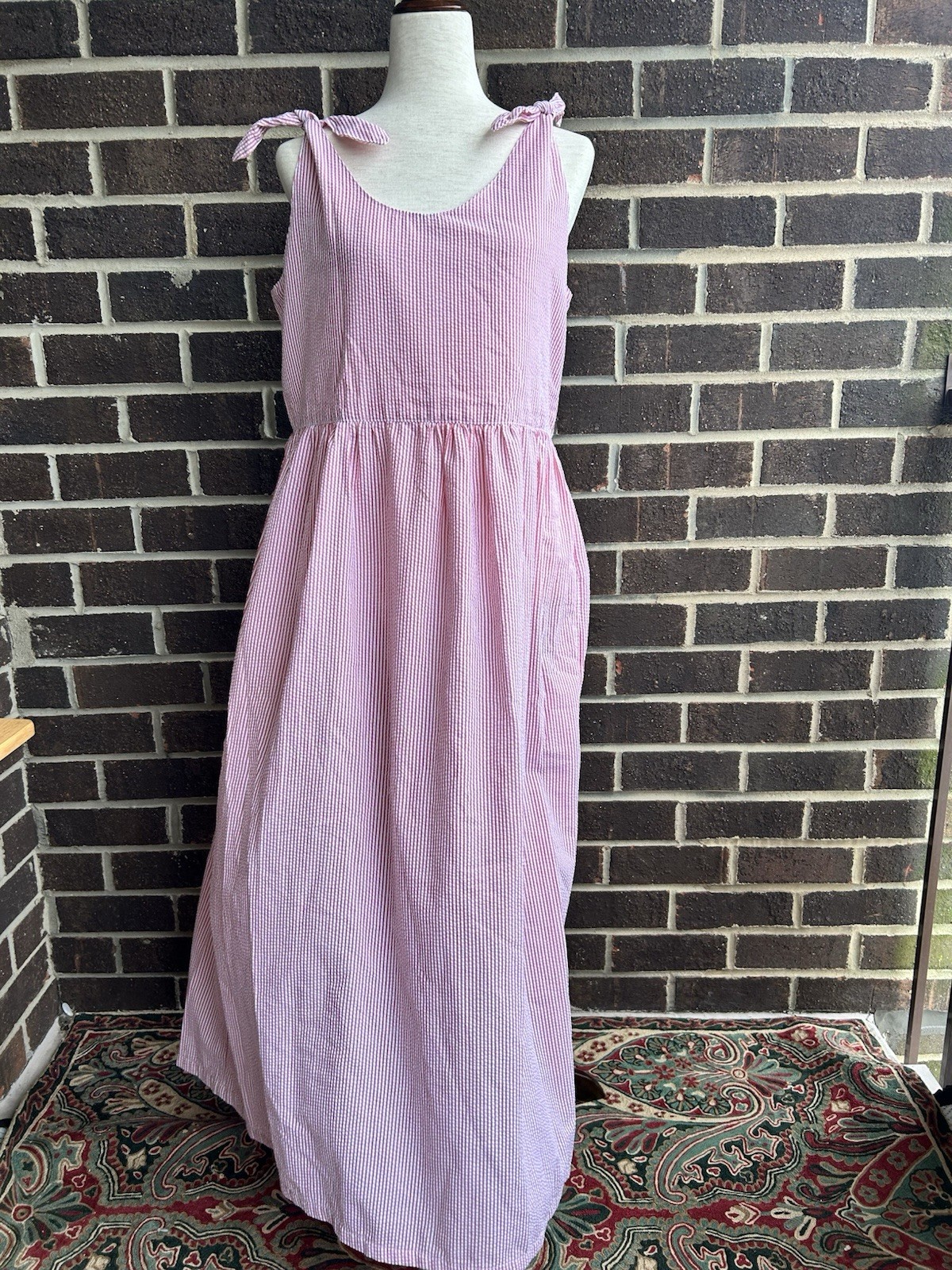 80s 90s Red Striped Seersucker Shift Dress Tomato Girl Cottagecore Sundress L
