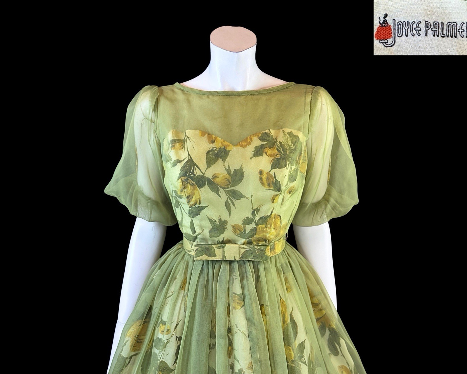 1950s Joyce Palmer Romantic Rose Floral Illusion Dress S