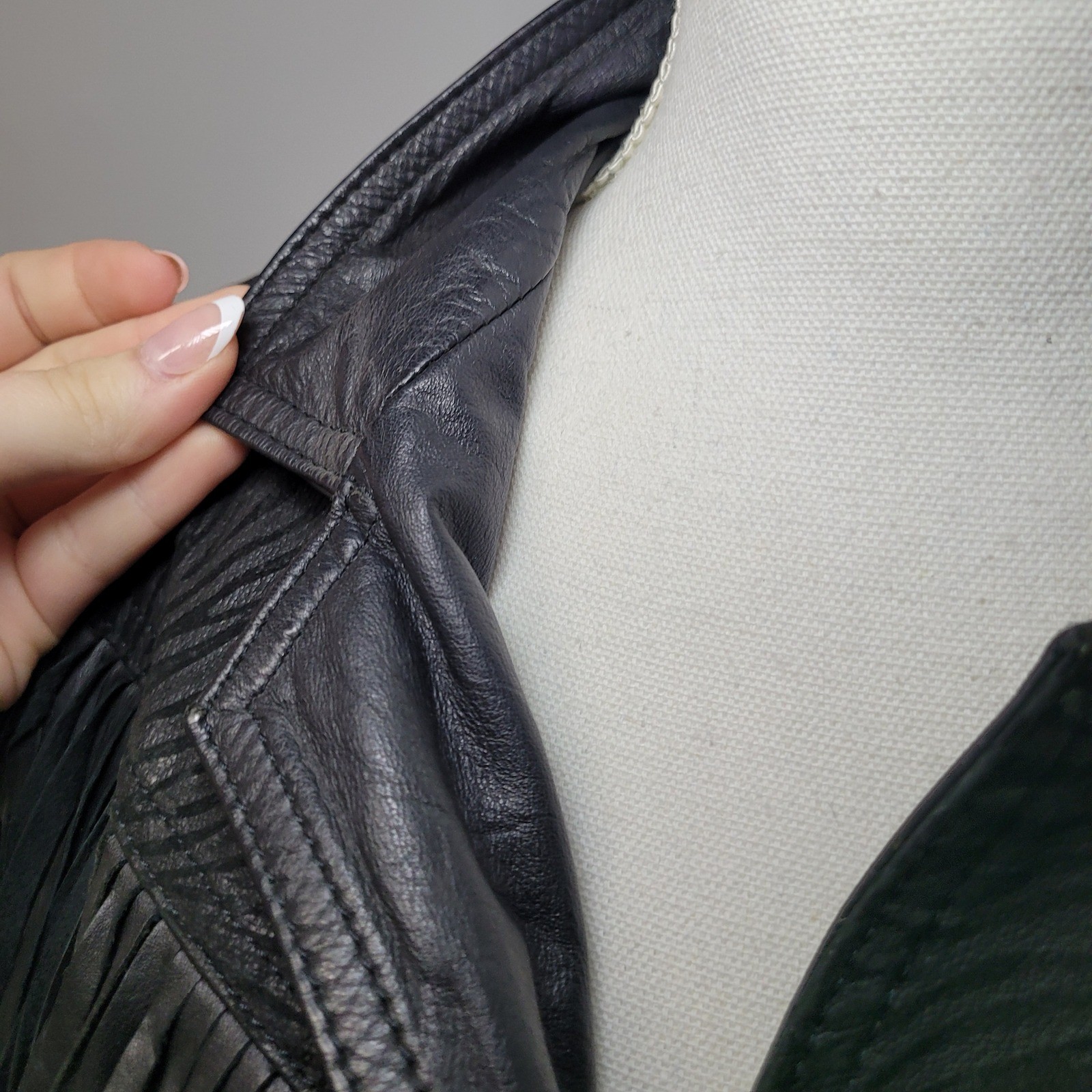 Vintage Black Leather Fringe Western Jacket Zebra Embossed Concho Cropped 90s