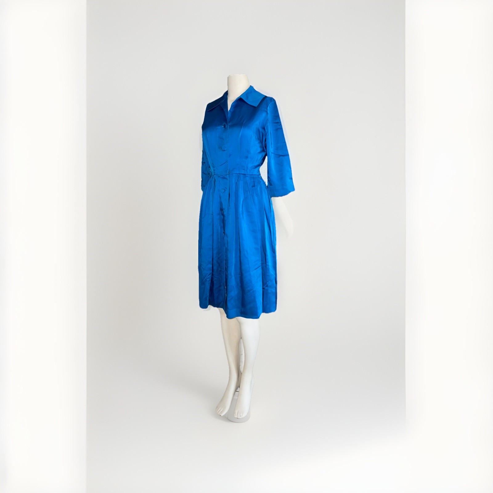 vtg 50s 60s GAY GIBSON fit flare midi dress blue satin (see measurements) Size S