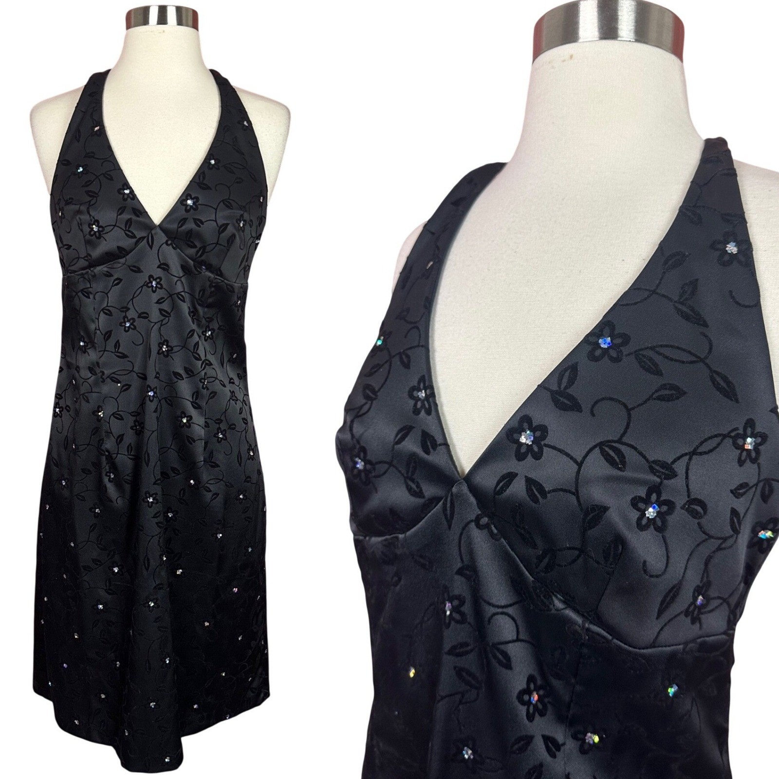 City Triangles Vintage Y2K Black Flocked Floral Rhinestone Halter Dress Sz 9/10