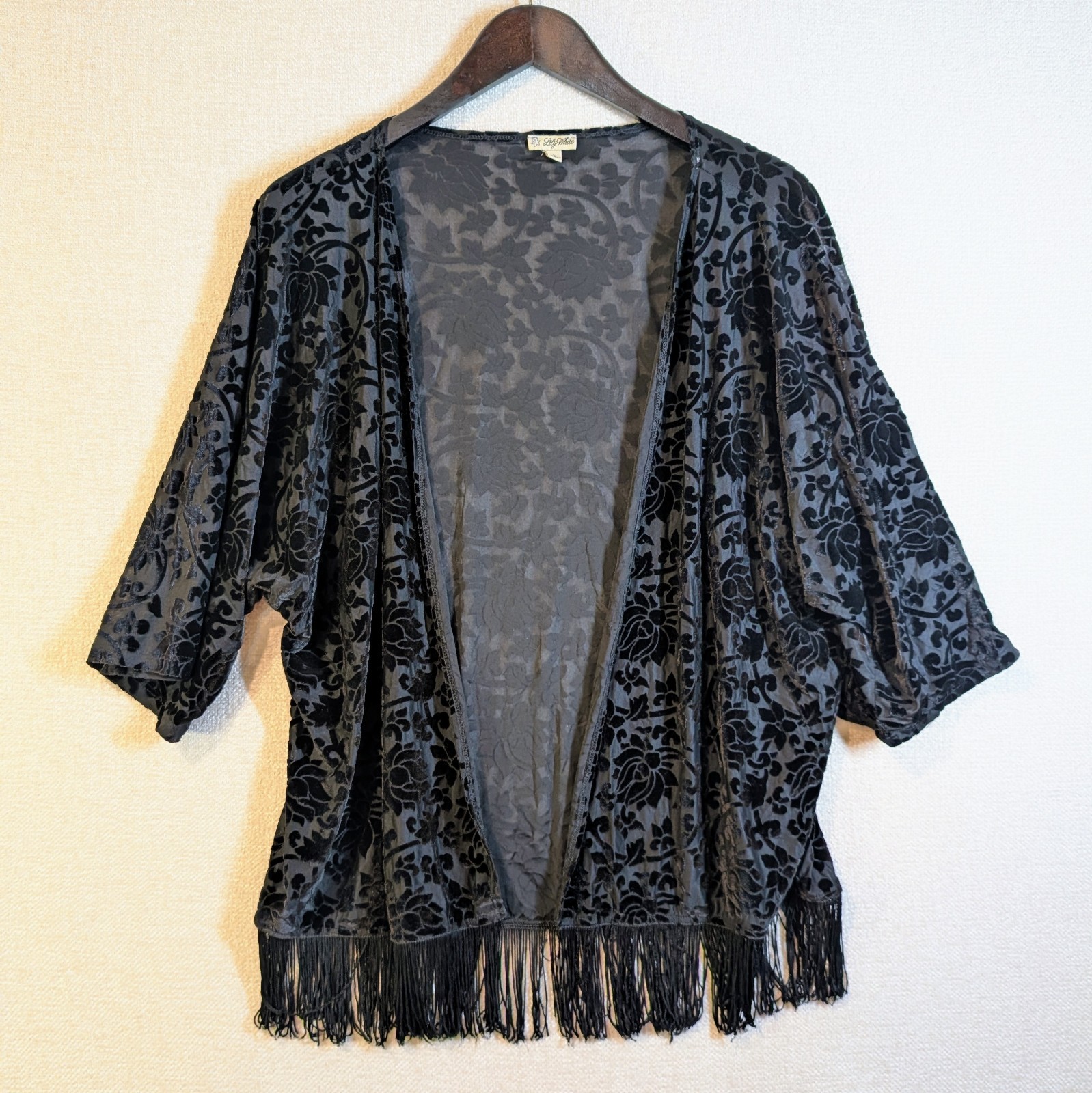 VTG Witchy 90s Lily White Womens Black Velvet Burnout Kimono With Fringe Size L