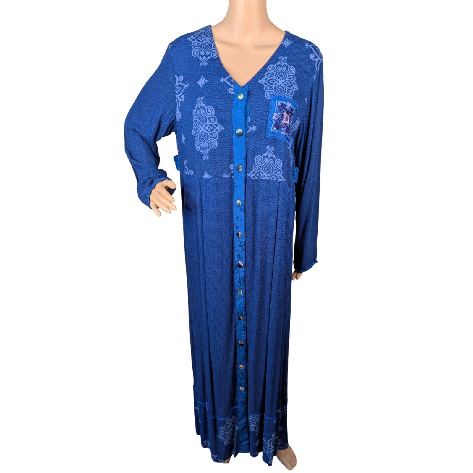 Vintage 90s Faith Celia Forrester Rayon Damask Beaded Applique Maxi Dress M