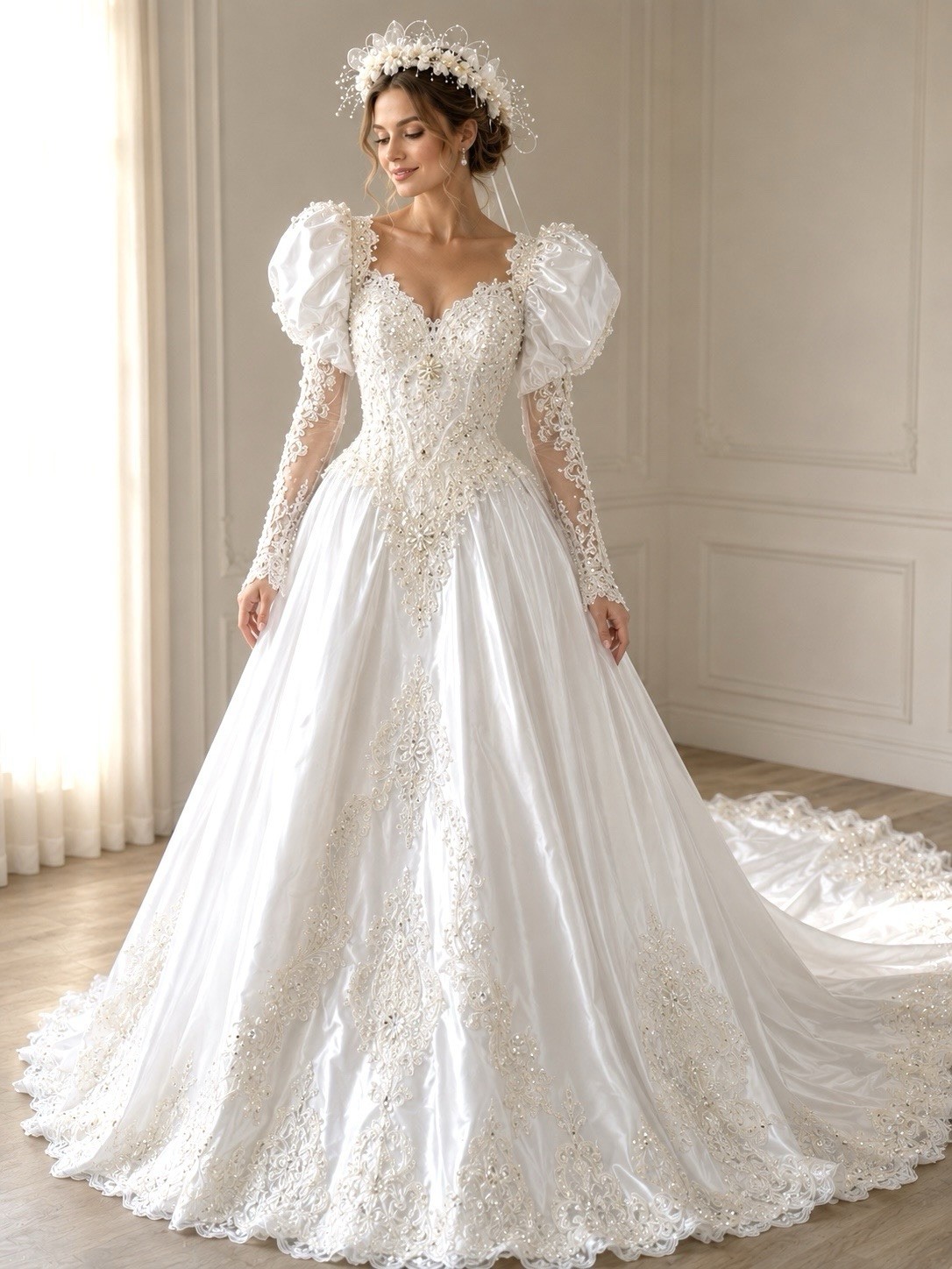 Vintage 1980s White Satin Beaded Wedding Gown & Floral Veil Crown Set Size s