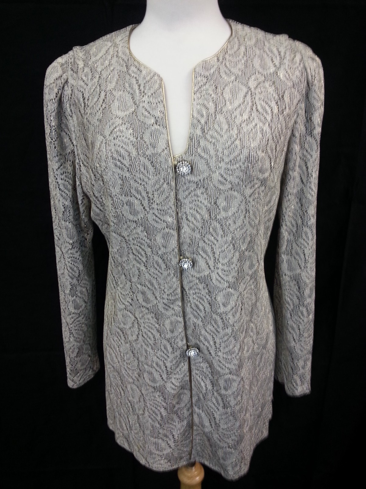 VTG 80s Karen Miller Jacket Top Formal Crochet Gray-Silver Metallic Gold Disco L