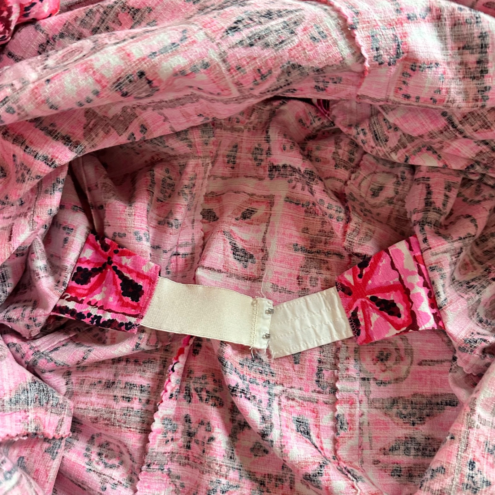 VTG 1960s Pink Hawaiian Tapa Print Watteau Dress Polynesian Tiki Barkcloth S