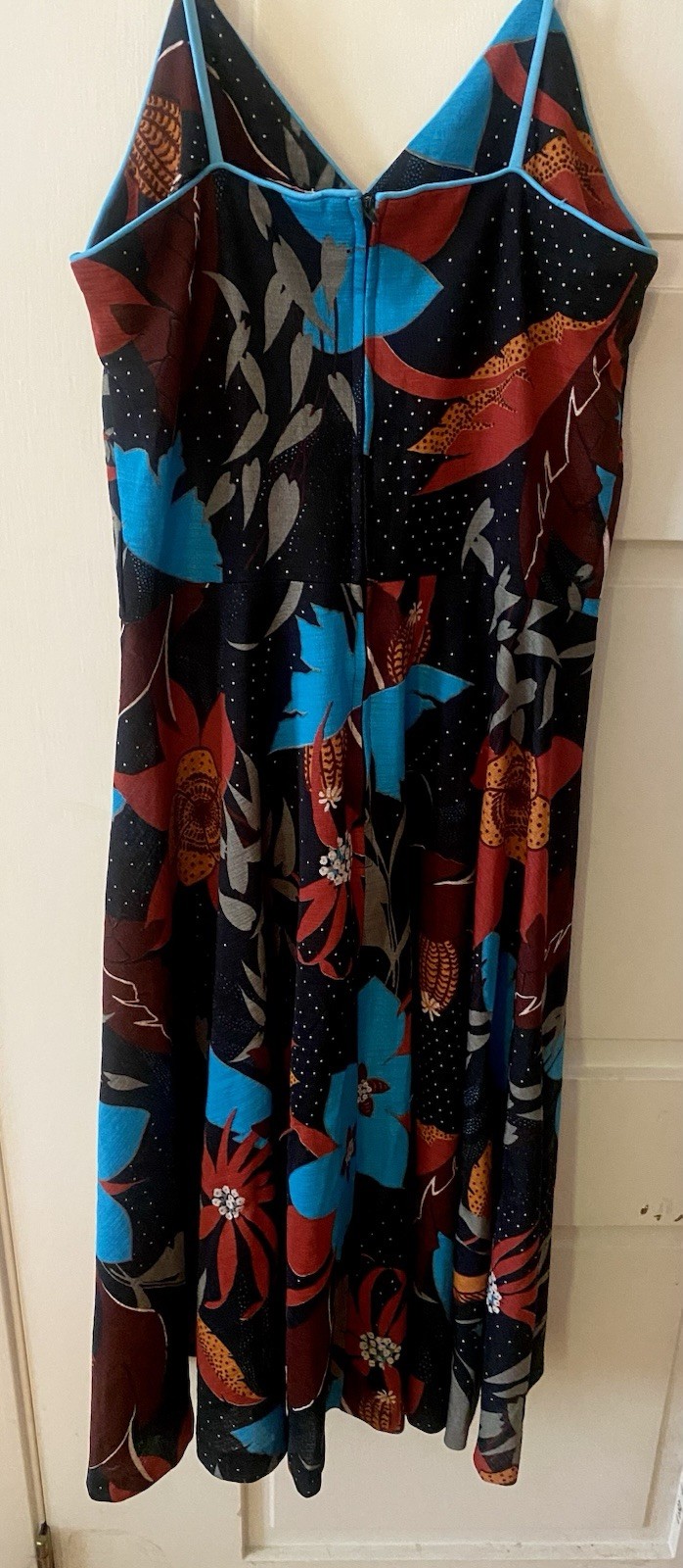 Vintage Joan Curtis Multicolor Dress Floral Blue Trim Sleeveless Sz 14