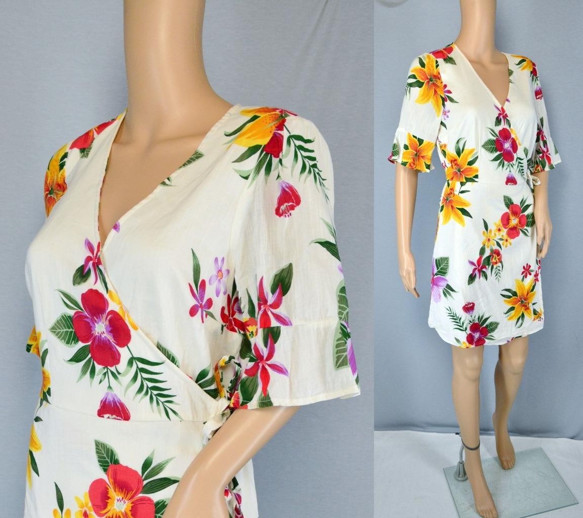 VTG Old Navy Mini White Tropical Floral Deep V Flutter Sleeve Boho Wrap Dress M