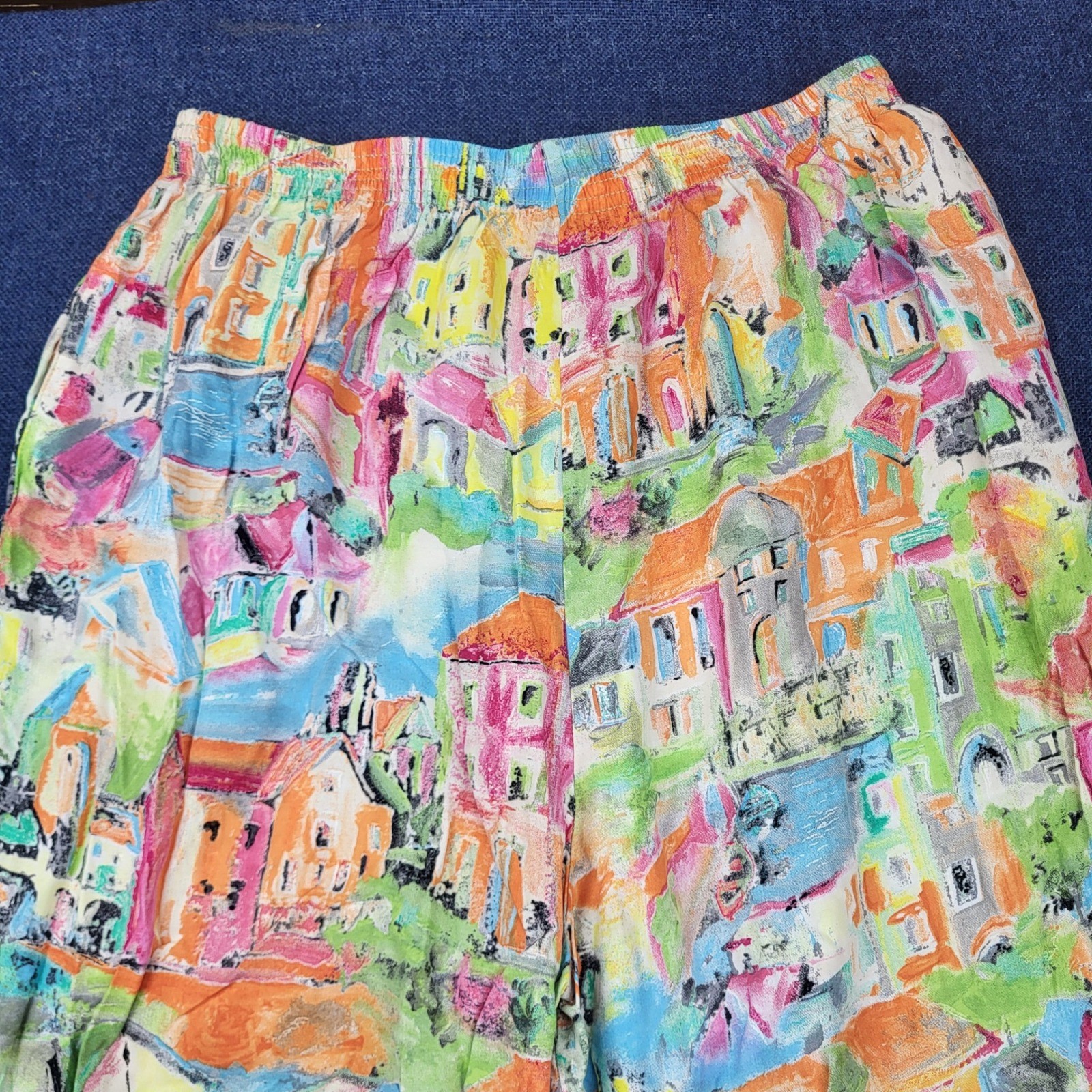 Sea Suns Vintage Village Print Beaded Hem Wide Leg Rayon Pants XL Made in USA