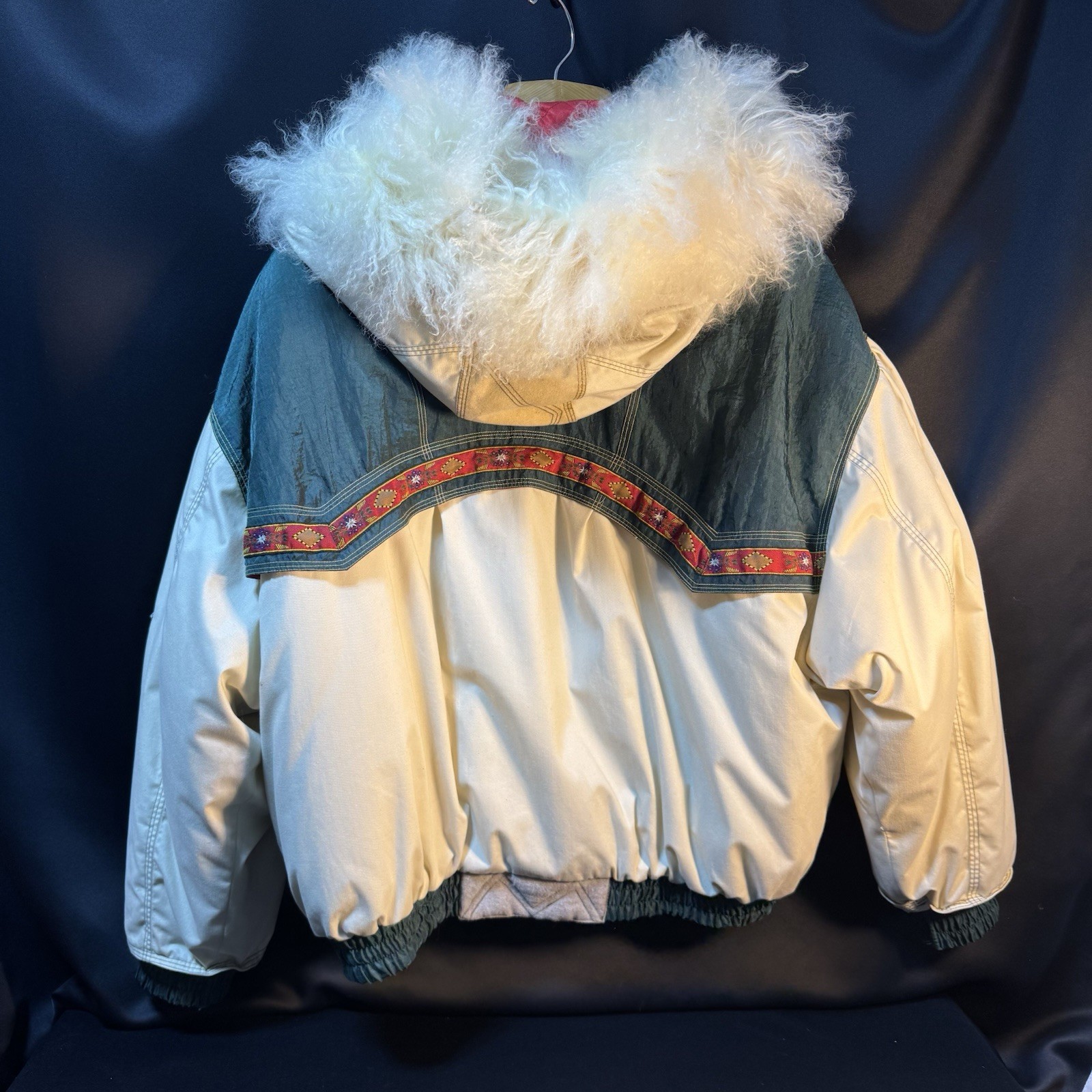Vintage National Park J.Gallery Colorful Bomber Jacket Mongolian Lamb Fur Trim L