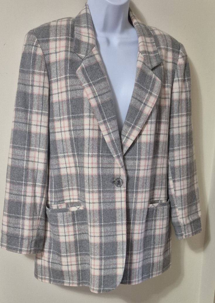 Vintage White Stag Wool Blend Preppy Pink/Gray Plaid Blazer, Jacket Size 8