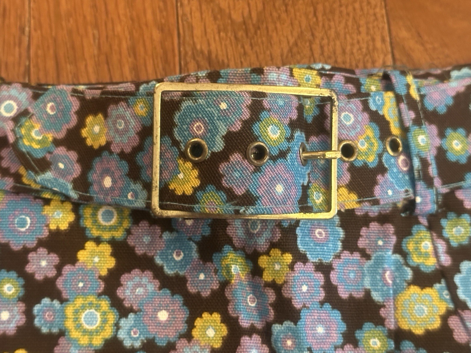 Vintage 60s Floral A-Line Skirt w/ Belt Mod Blue Brown Yellow Size 8, 26″ Waist