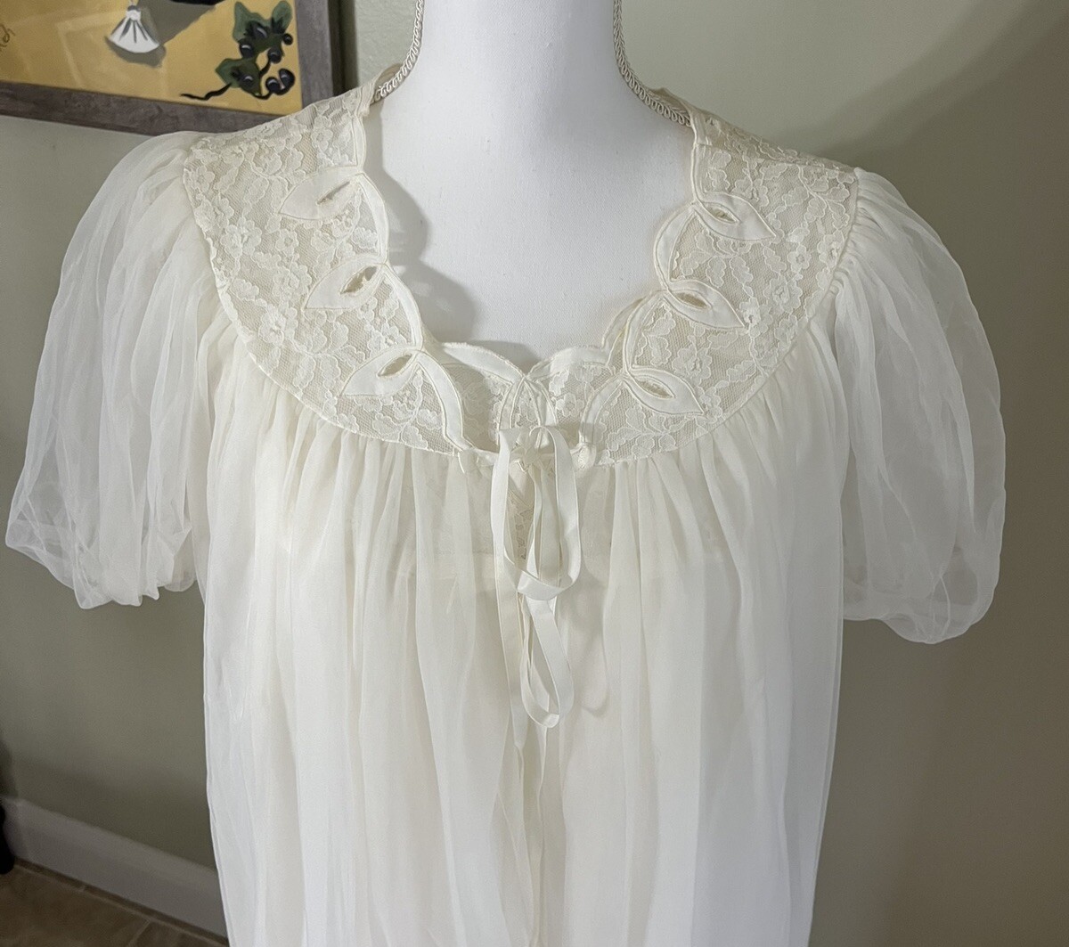 Vintage Avian Peignoir Nightgown And Robe Set White Lace Trim Sheer Small Nylon