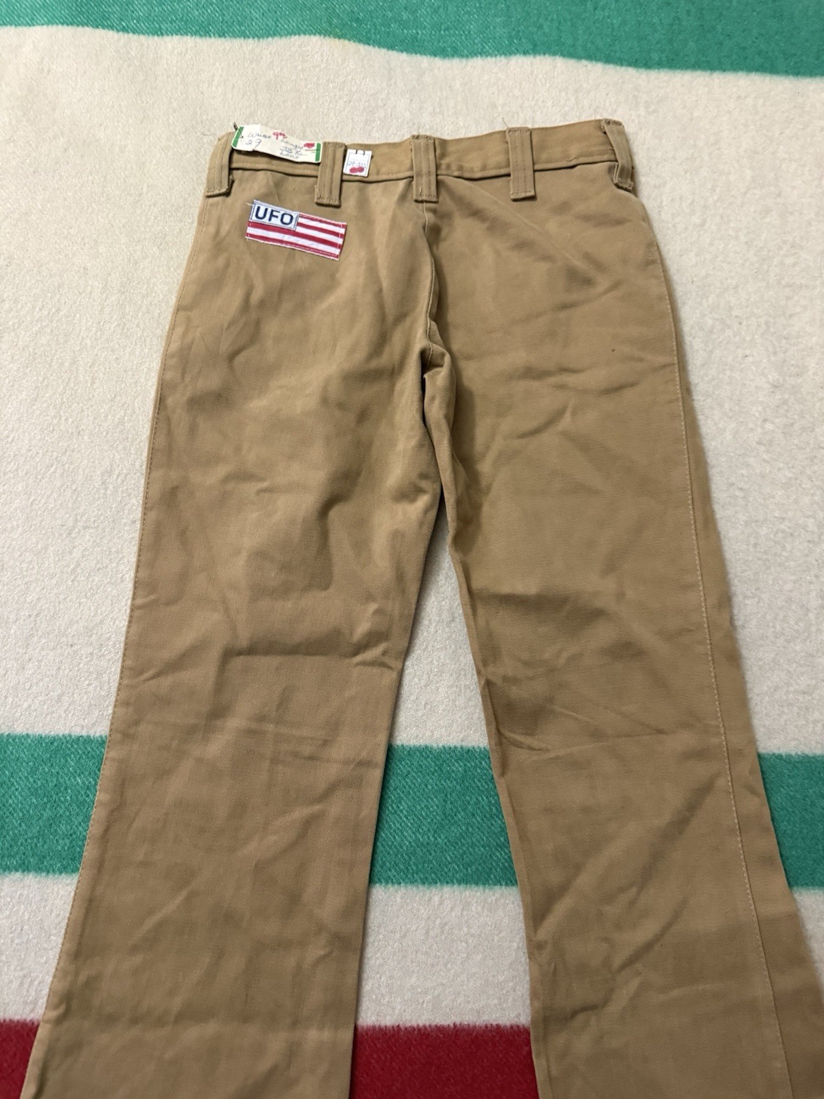 Vintage 1970s 70s UFO Beige Khaki Flare Bell Bottom Pants Jeans 26/27×32” Hippie