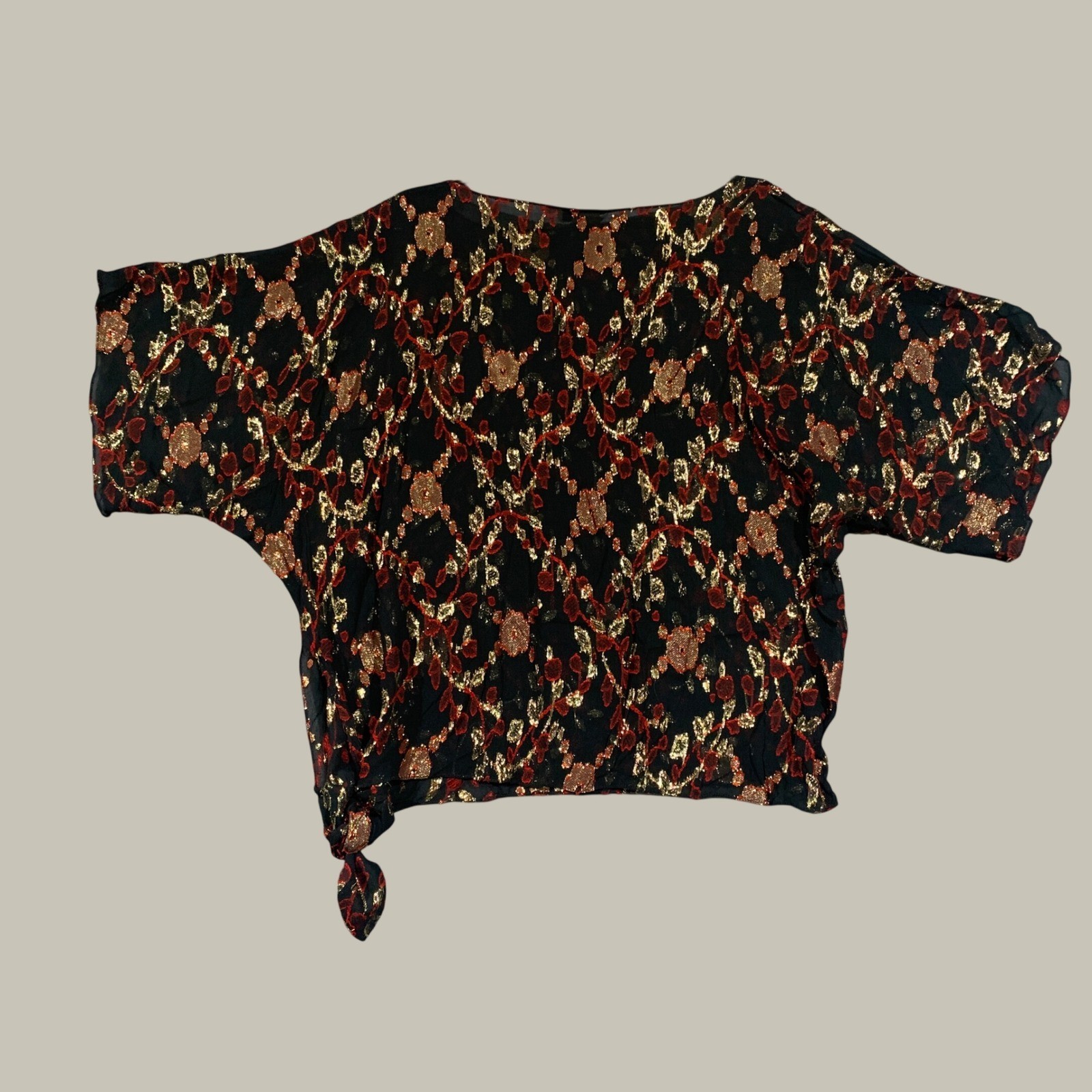 Robbie Sport Blouse Womens 15 16 Black Gold Red Metallic Floral Side Tie Vintage