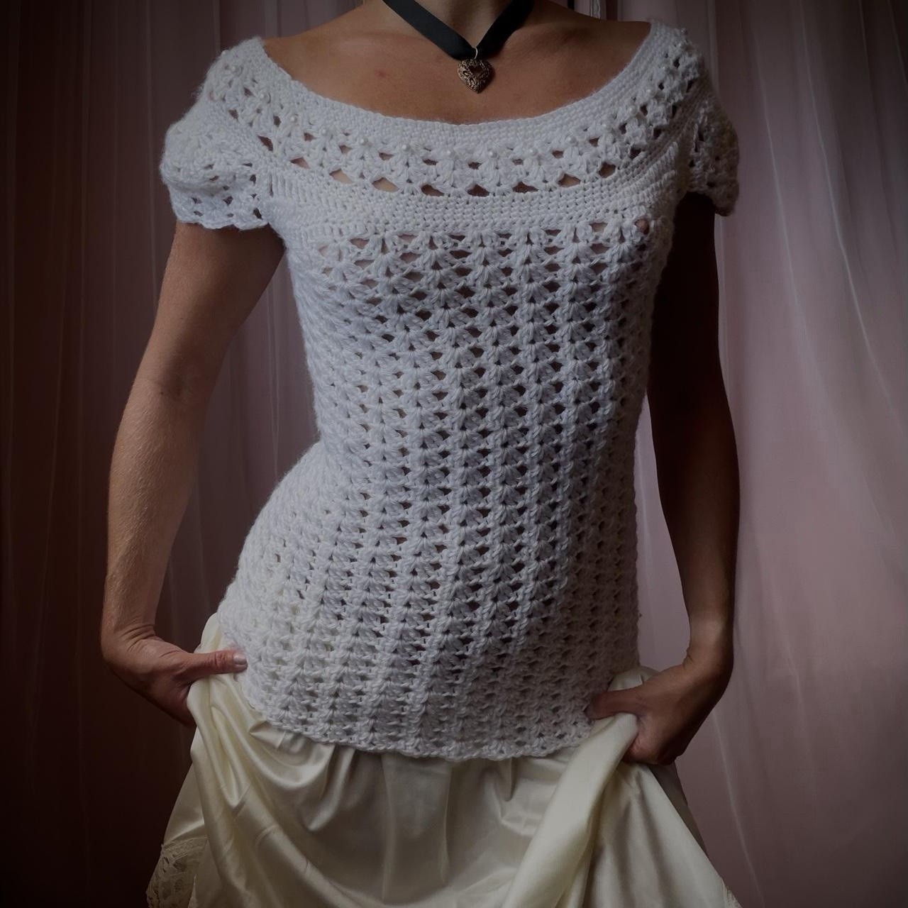 1960s pearl white hand crochet top