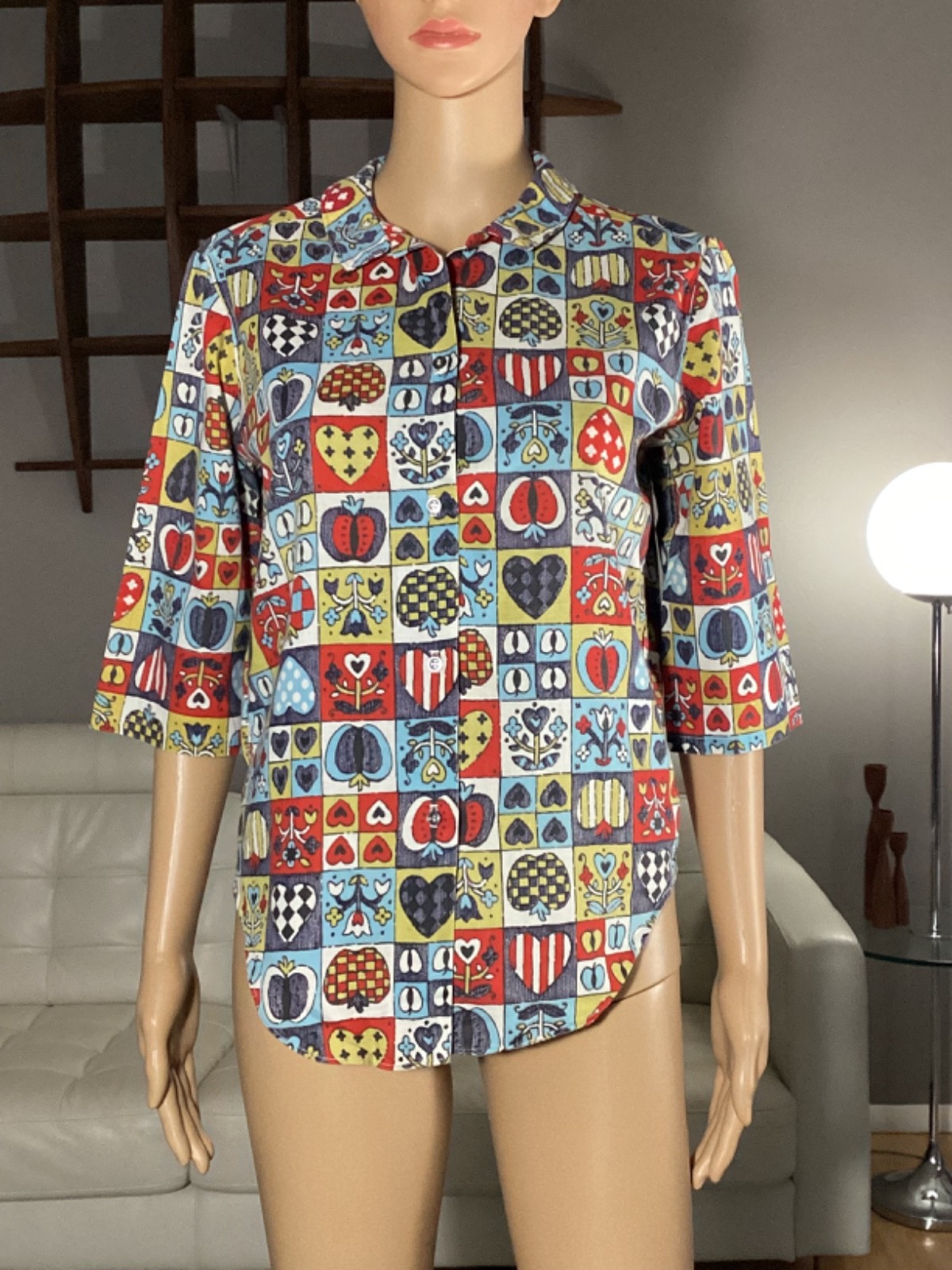 Vintage 60s Carole Sue Novelty Print Apples Hearts Flowers Blouse Top Hippie Mod