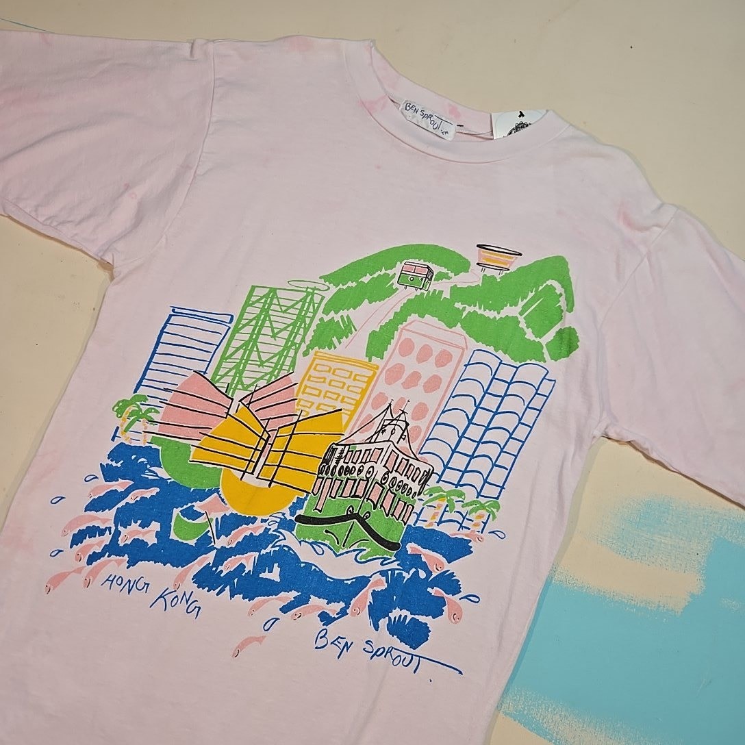VTG Ben Sprout OSFA 2x Slim Pink Hong Kong City Sleep Shirt Custom Dyed 1990s