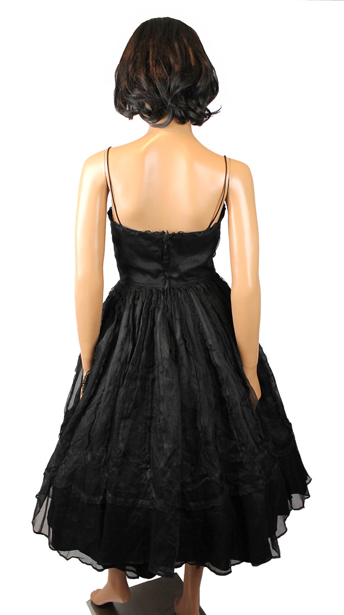 50s Prom Dress XS Vintage Black Sleeveless Organdy Chiffon Lace Cocktail Gown