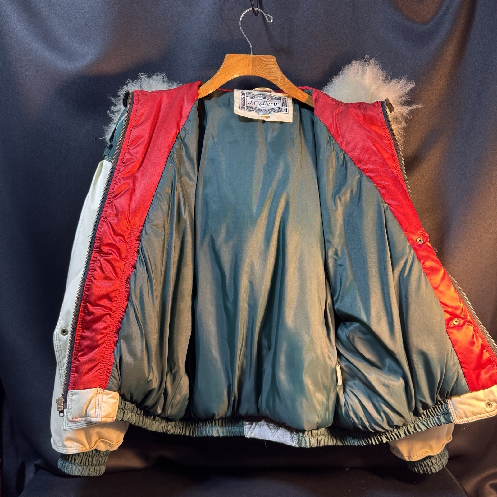 Vintage National Park J.Gallery Colorful Bomber Jacket Mongolian Lamb Fur Trim L