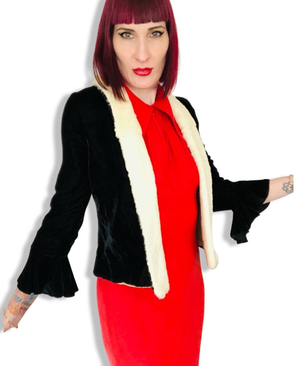 Antique Vintage 1920s Black Silk Velvet Trumpet Sleeve Jacket White Ermine Fur
