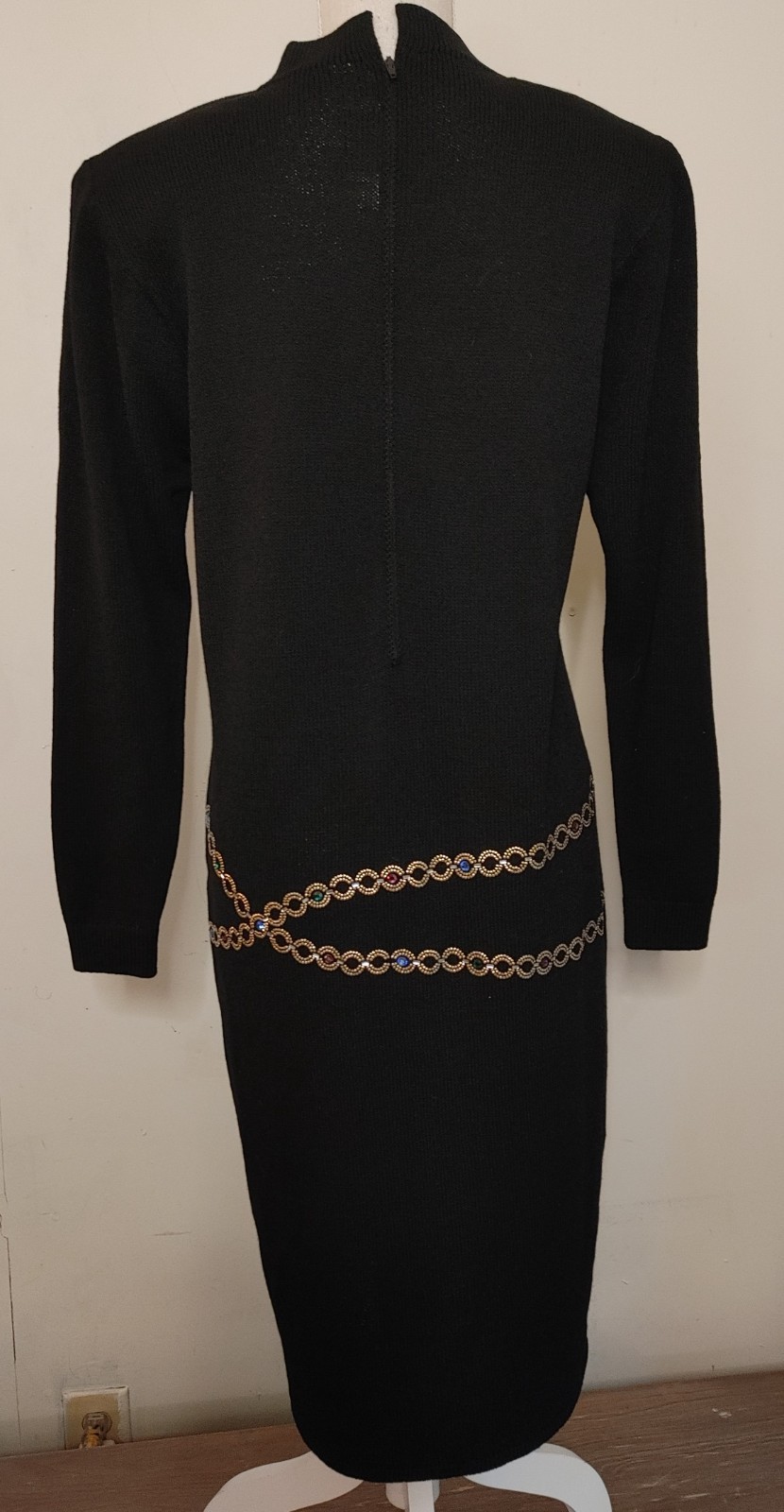 Vintage St John Saks Knit Dress 12 Black Santana Sweater Jeweled Chain Waist 80s